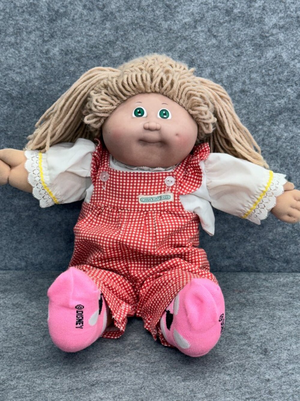Vintage 1980s Cabbage Patch Kids Doll Blonde Yarn Hair Green Eye Gingham Overall